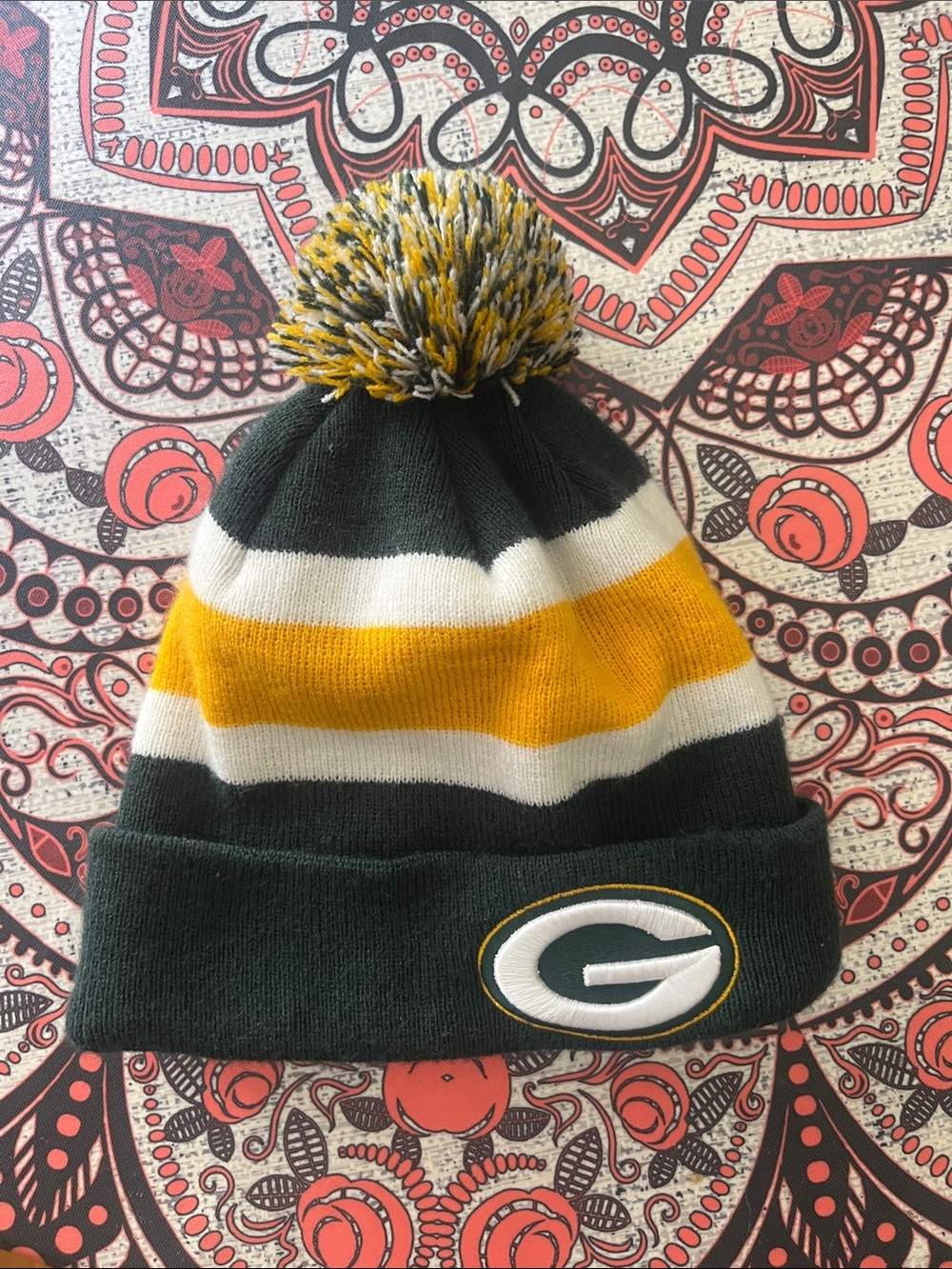Green and Gold Striped Pom Beanie with Team Patch
